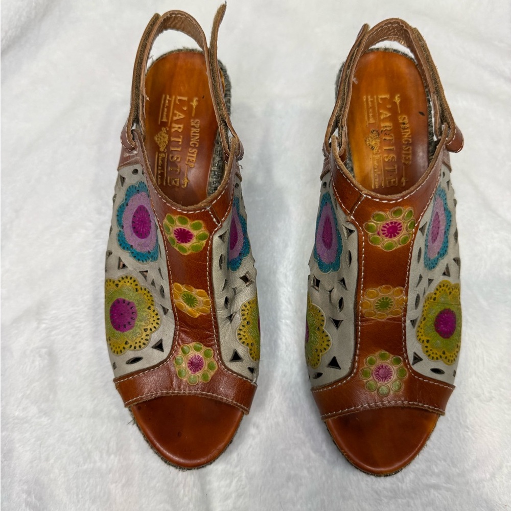 L'Artiste Belen Spring Step Floral Leather Slingback Sandal Heel Size 38 US